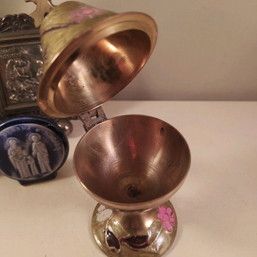 Set of 4 church incense burner brass and ceramic icons like new