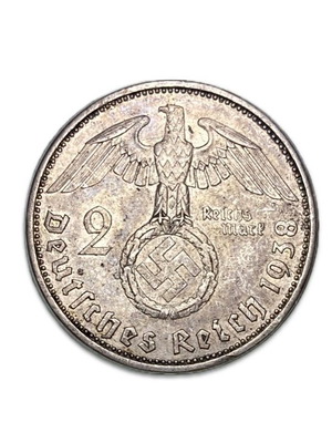 Germany 1938 2 Mark S55 coin used, silver