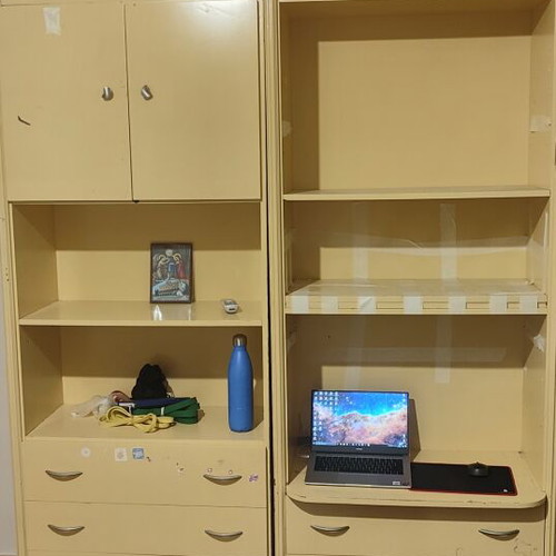 Set of 2 wooden bookcases and desk units, yellow beige