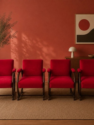 Mid-Century Modern armchairs set of 4, burgundy, like new