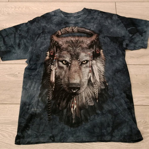 The Mountain T-shirt with wolf print and headphones, used, indigo tie-dye