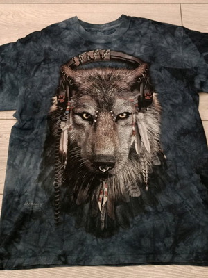 The Mountain T-shirt with wolf print and headphones, used, indigo tie-dye