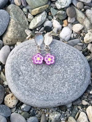 Handmade dangle earring silver leaf with purple flower new