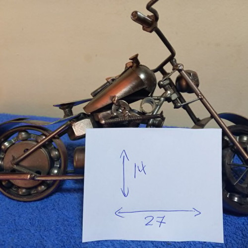 Handmade miniature metal motorcycle sculpture used, vintage chopper style