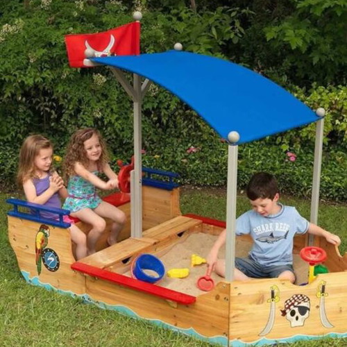 KidKraft Pirate Sandboat wooden sandbox for kids