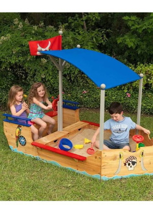 KidKraft Pirate Sandboat wooden sandbox for kids