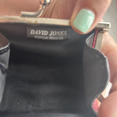 David Jones leather coin purse used, black and burgundy with kiss-lock closure