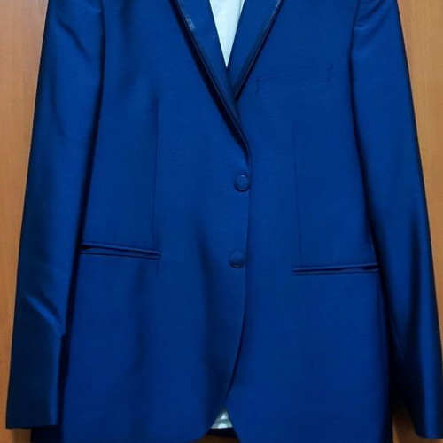 Groom suit Large blue, worn once with jacket, vest, shirt, pants, 2 ties and bow tie