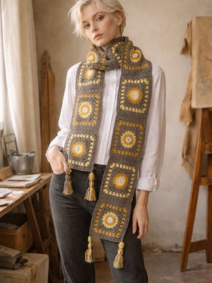 Handmade knitted scarf with granny squares made to order