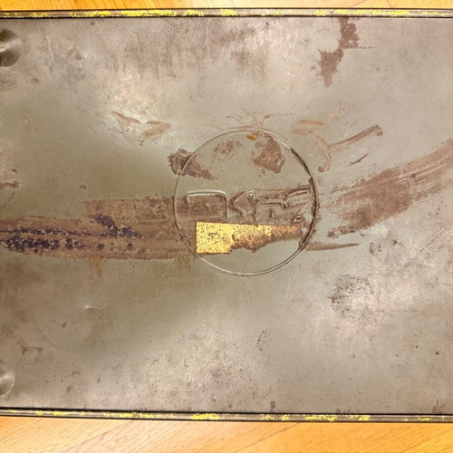 Vintage metal box with child lithograph used