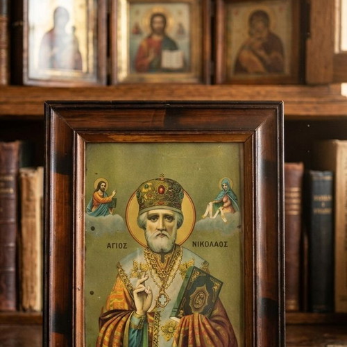 Saint Nicholas Orthodox Icon like new with authentic frame and glass 34x25.5 cm