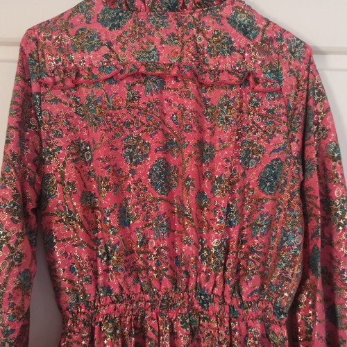 Pink coral dress with multicolor paisley and gold print, Large