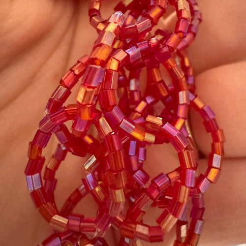 Handmade statement dangle earrings like new with red iridescent beads