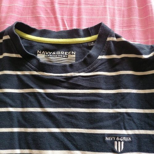 Navy & Green Men’s Short-Sleeve Striped T-Shirt Size M Like New