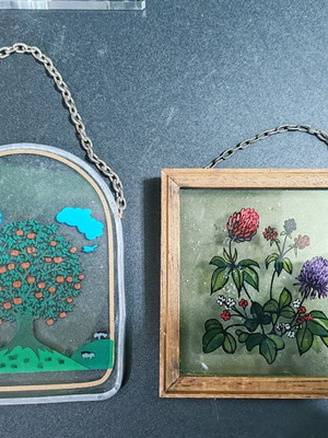 Vintage hanging decorations 2 pieces, glass metal and wood used