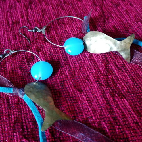 Earrings with opalite and brass fish used