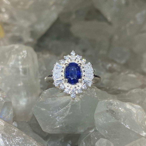 Handmade silver ring with natural blue sapphire and moissanites, new