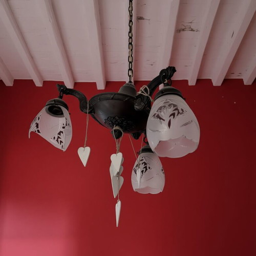 Chandelier used with 4 glass shades and decorative wooden hearts