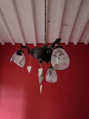Chandelier used with 4 glass shades and decorative wooden hearts