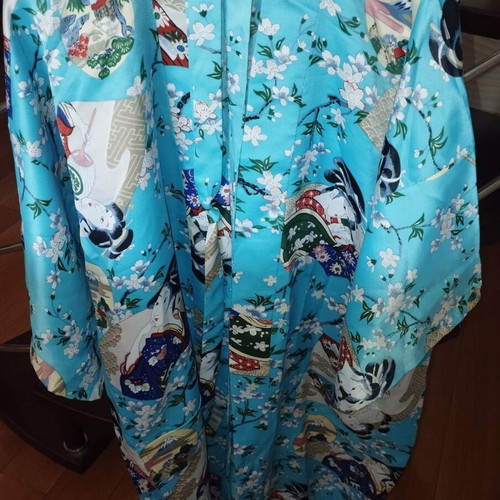 Japanese long robe, turquoise with cherry blossom print