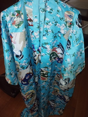 Japanese long robe, turquoise with cherry blossom print