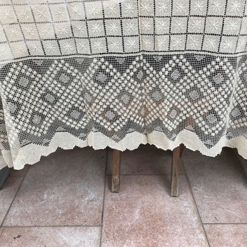 Venetian style embroidery tablecloth used, large, antique