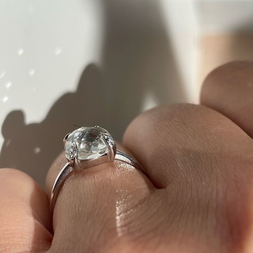 White Gold Solitaire Ring with Green Amethyst and Diamonds, New