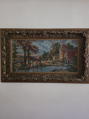 Vintage κεντητό κάδρο με σκαλιστή κορνίζα 1.25x0.80 cm σαν καινούργιο