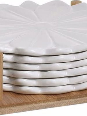 Set of 6 ceramic coasters for glasses with wooden base like new