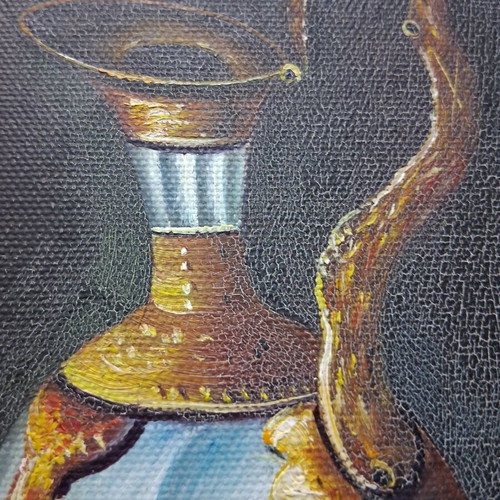 Oil painting still life with grapes and peaches