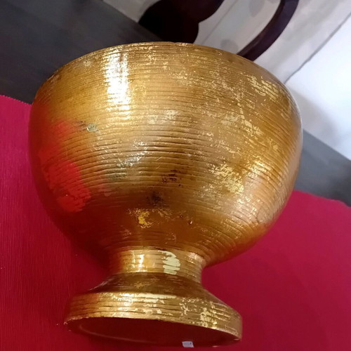 Large round decorative vase used, gold-bronze with gray lines