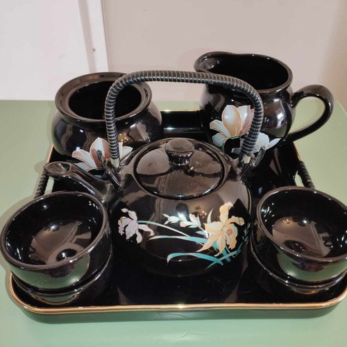 Vintage ceramic set on tray with teapot, creamer, sugar bowl and cups from Taiwan