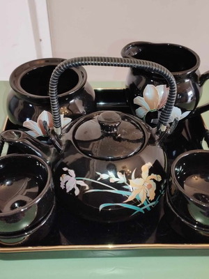 Vintage ceramic set on tray with teapot, creamer, sugar bowl and cups from Taiwan