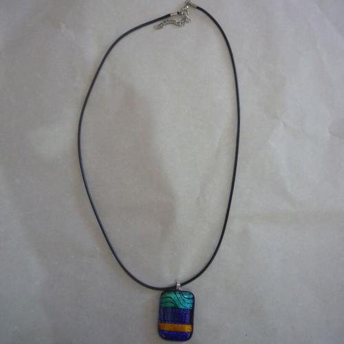 Handmade dichroic glass pendant necklace like new, blue-gold