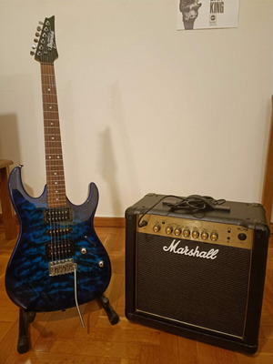 Ibanez GRX70QA-TBB GIO electric guitar set with Marshall MG15GR amplifier and stand like new