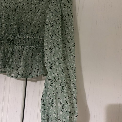 Transparent olive floral blouse with waist tie, size M