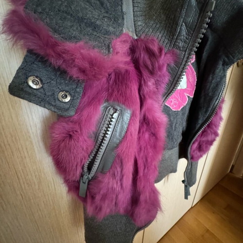 BSB fur jacket like new, purple and gray, with detachable hood