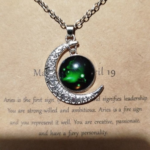 Aries zodiac pendant new, green and silver