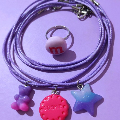 Children's necklace set 3 pcs new with m&ms ring gift pink purple