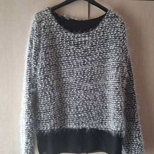 Fuzzy women's sweater new, white-black with transparent fabric