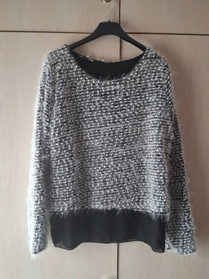 Fuzzy women's sweater new, white-black with transparent fabric