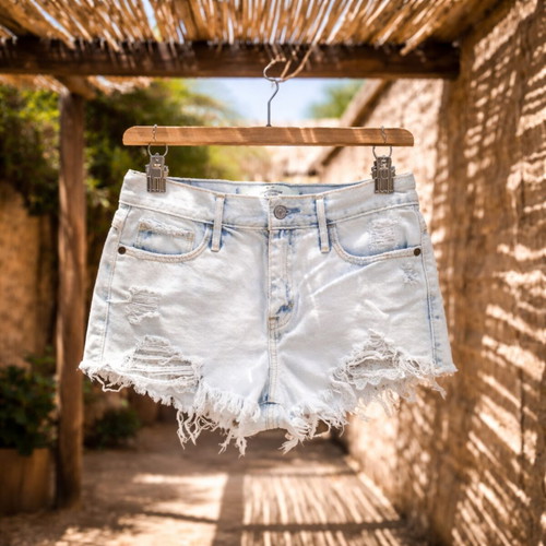 Abercrombie & Fitch distressed denim shorts used, light wash, size 26