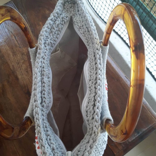 Golden Horizon handmade knitted bag with amber handle new, multicolor