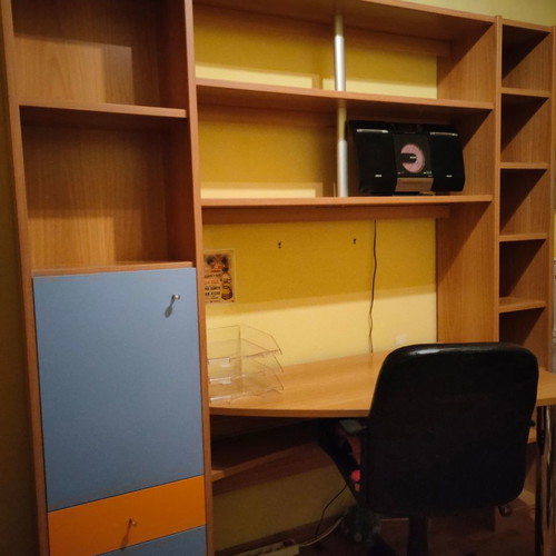 Neoset desk and bookshelf used with office chair