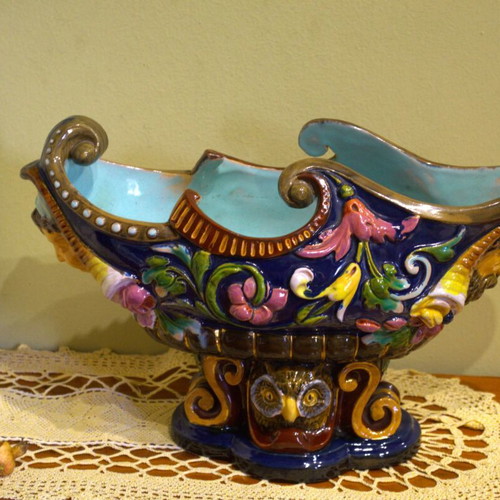 Large Antique Barbotine Majolica Jardiniere Like New