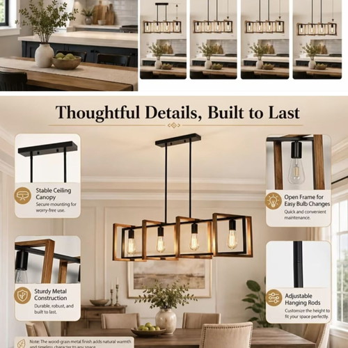 Pendant ceiling light with 4 E27 sockets, new, black metal and wood finish
