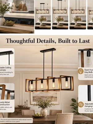 Pendant ceiling light with 4 E27 sockets, new, black metal and wood finish