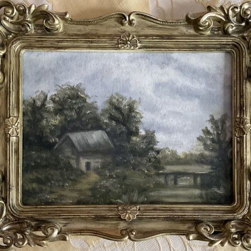 Oil painting landscape with house new, framed