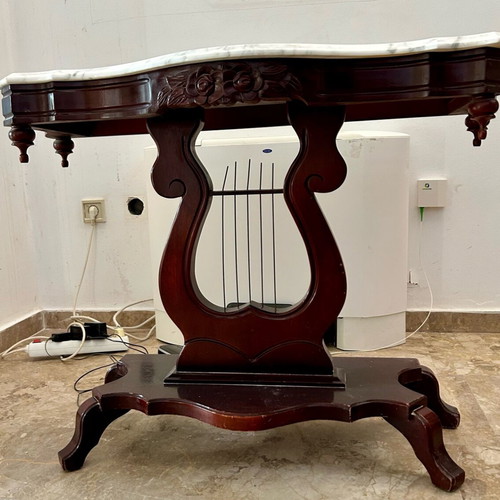Classic console entry table with marble like new, mahogany