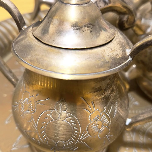 Vintage serving set used, silver plated tray with teapots and sugar bowl